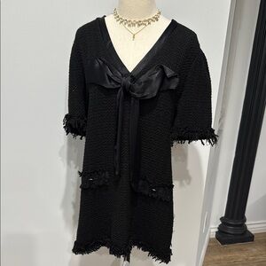 Elegant Black Tweed Dress with Satin Bow